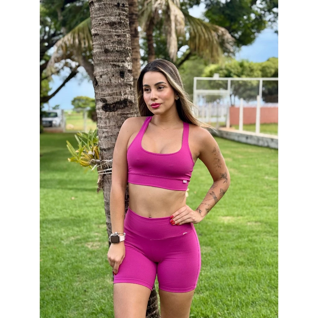 Conjunto Fitness de Poliamida Suplex Feminino Academia Top Nadador Short Cós Alto Zero Transparência