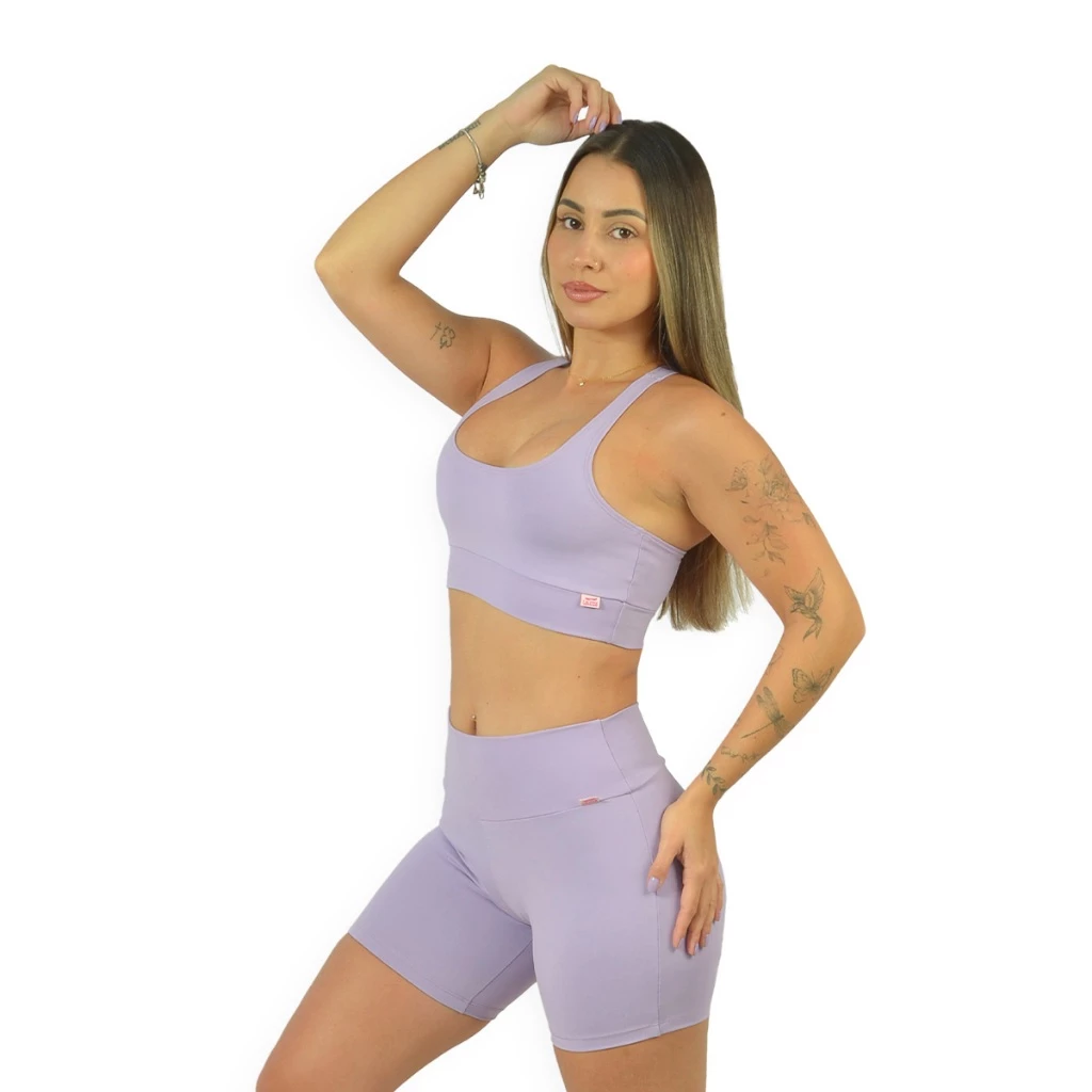 Conjunto Fitness de Poliamida Suplex Feminino Academia Top Nadador Short Cós Alto Zero Transparência